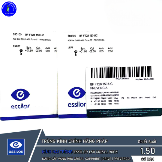 Tròng Kính Hai Tròng Essilor 1.50 Crizal Rock Đặt Đánh Chính Hãng